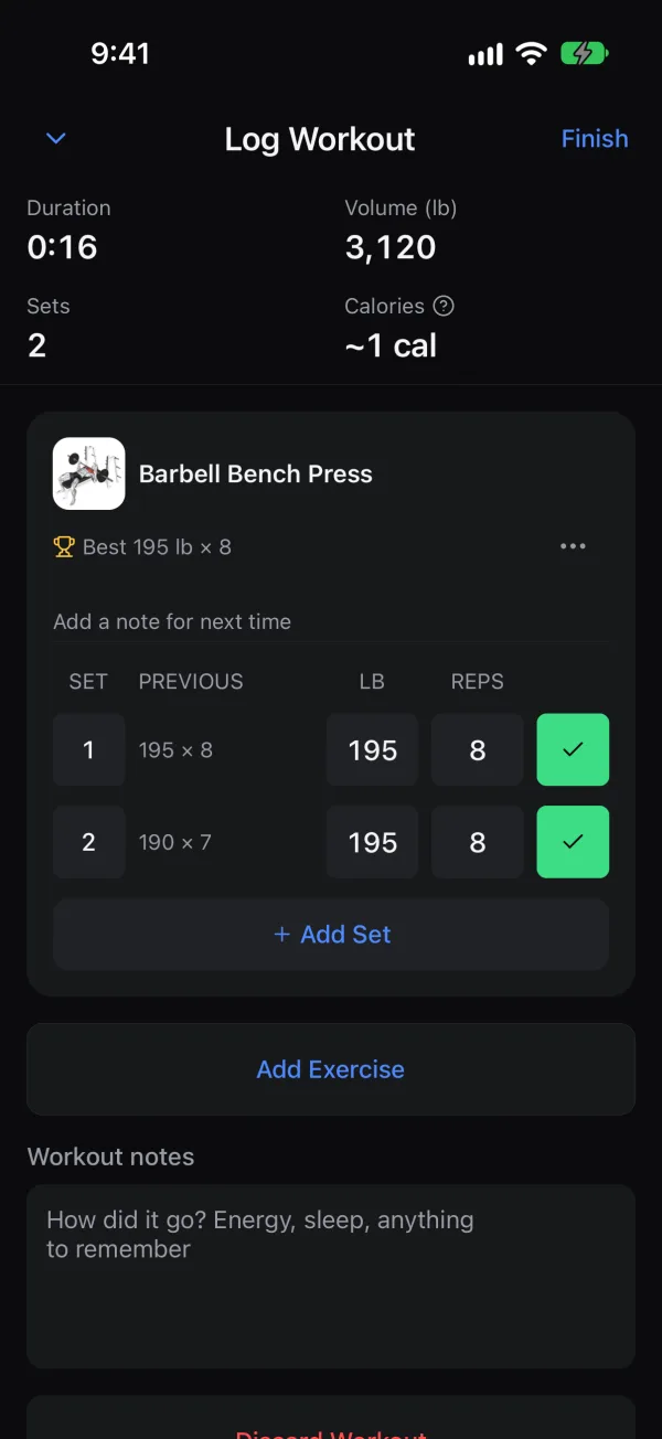 Rebar workout in progress: Barbell Bench Press with the personal best, previous sets, two logged sets of 195 lb by 8, and duration, volume and calories