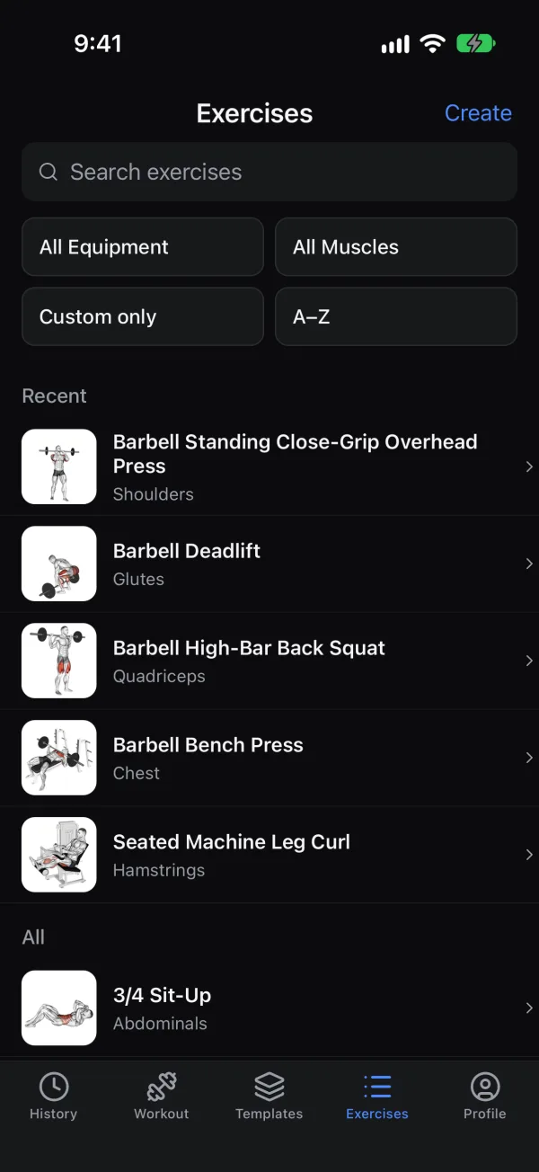 Rebar exercise library with search, equipment and muscle filters, and recent exercises with their muscle groups