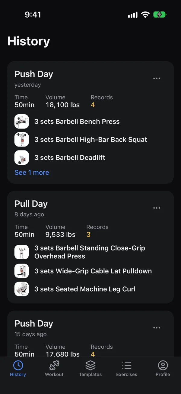 Rebar history screen listing past Push and Pull Day workouts with time, volume, records and exercises