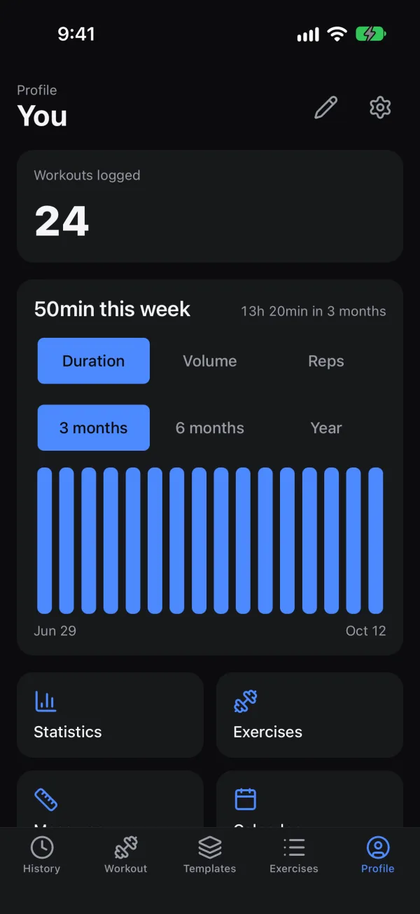 Rebar profile screen showing 24 workouts logged and a weekly duration chart over three months